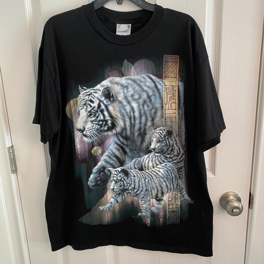 White Tiger Family Shirt Mens XL Black Wildlife Graphic Tee Big Cat Animal Art